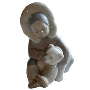 Vtg Lladro Inuit Child With Polar Bear Figurine Handcrafted Porcelain Glossy
